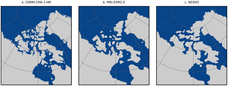 Example of land/ocean masks used in three CMIP6 models