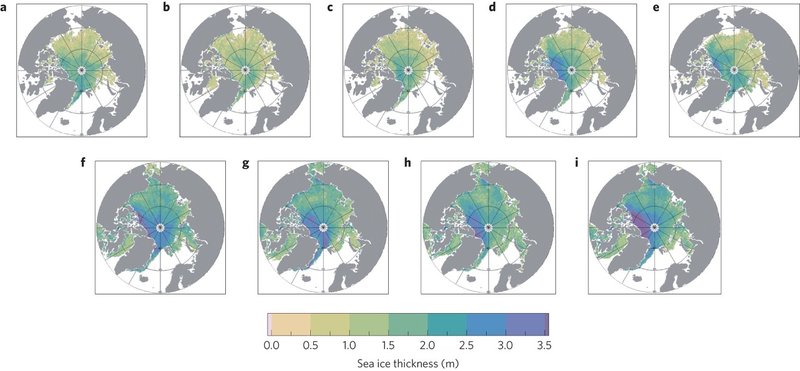 Maps of sea ice thickness derived from CryoSat-2 during autumn (October – November; top row) from 2010-2014, and spring (March – April; bottom row) from 2011-2015