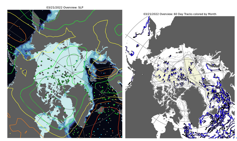 Example of (left) IABP sea ice beacon locations, NSIDC sea ice concentration, and NCEP SLP on March 21, 2022, and (right) 60 day tracks of sea ice buoy.