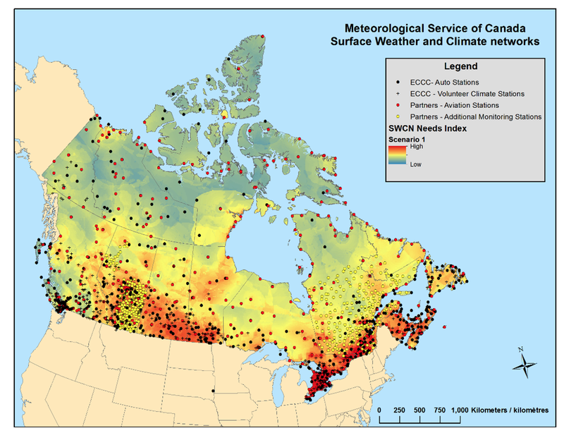 Surface weather stations across Canada, as of September 2016, with a Needs Index map in the background.