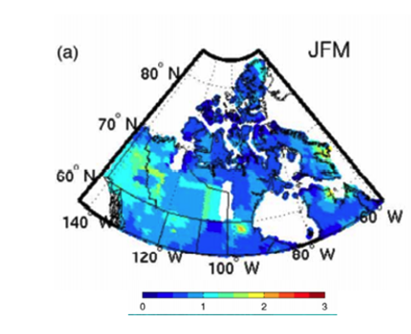 Figure 3.1 Average spread between six gridded observations datasets (CANGRD, CRUTEM4, CRU-TS3.1, GISTEMP, HadCRUT3, and UDEL) for anomalies of winter seasonal mean temperature on a grid of approximately 50 km spatial resolution. [Source: Rapaić et al., 20